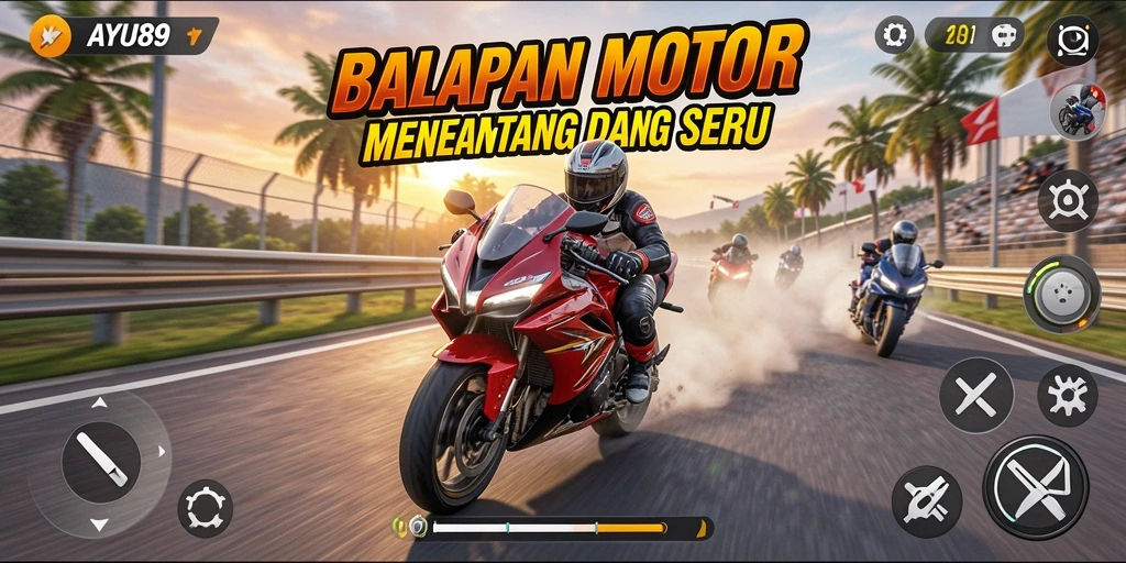 Tampilan gameplay seru dalam AYU89 yang memenuhi lapisan balapan motor.