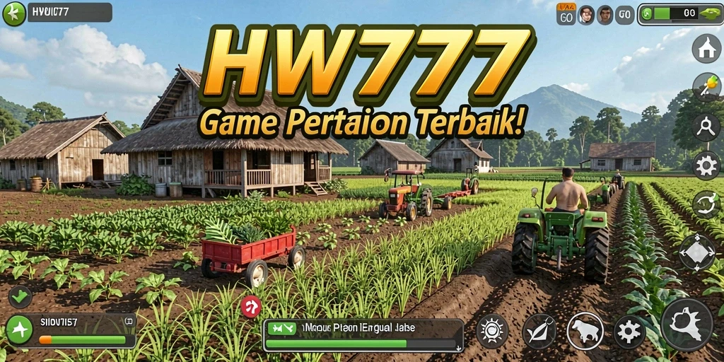 Screenshot gameplay HW777 menampilkan ladang subur dengan tanaman beraneka ragam.