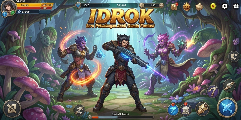 Tampilan aksi mendebarkan dalam <strong>IDROK</strong> yang menunjukkan karakter melawan musuh.