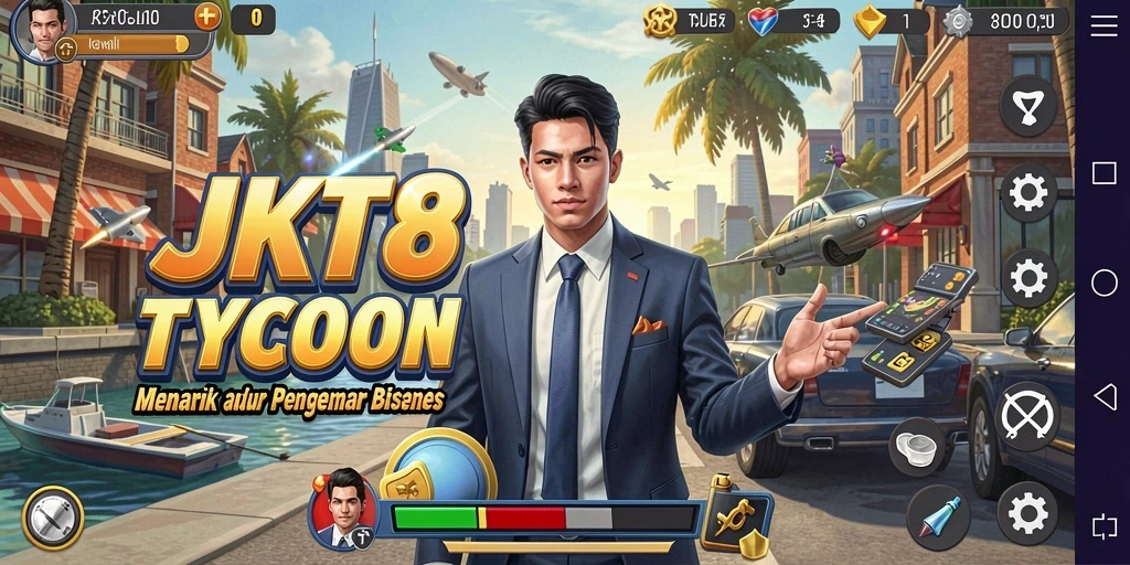 Screenshot utama JKT8 menampilkan gameplay Tycoon yang seru.