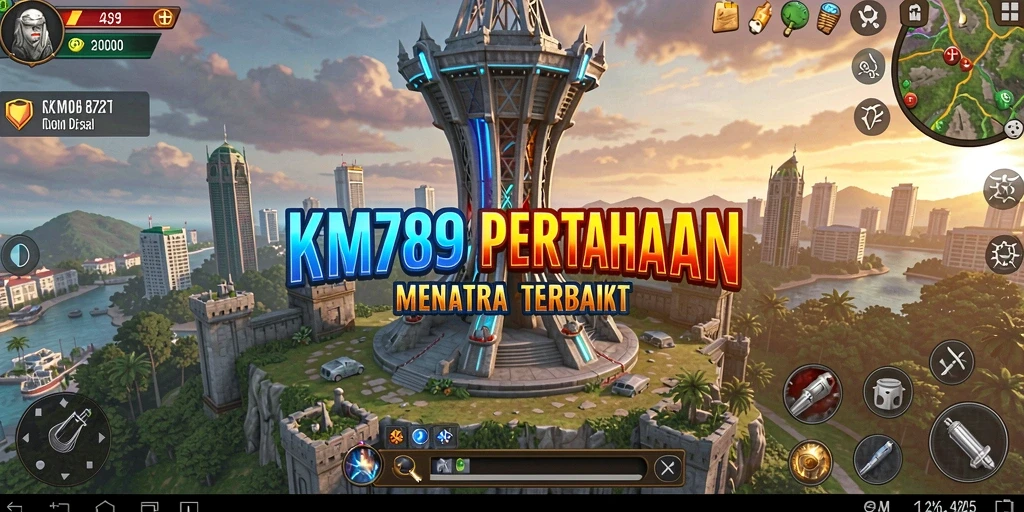 Tampilan gameplay KM789 yang menampilkan menara pertahanan yang kuat.