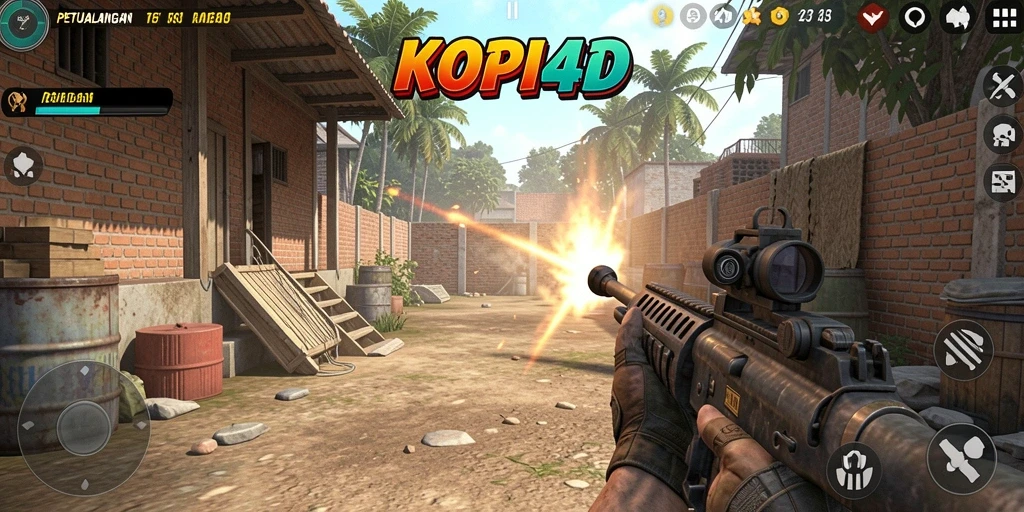Screenshot gameplay KOPI4D menampilkan aksi tembak menembak yang seru.