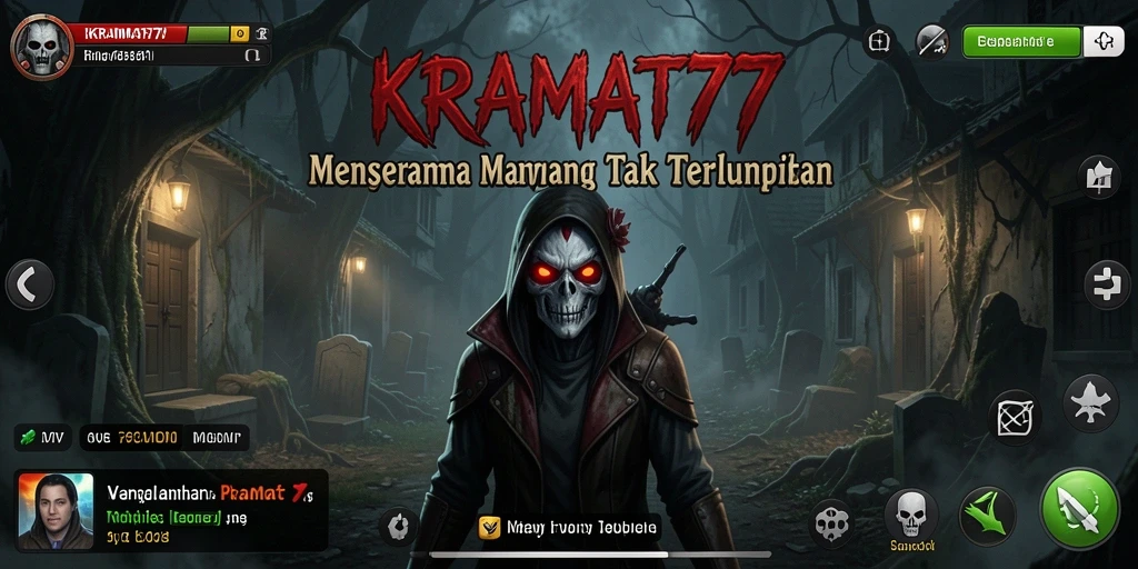 Screenshot gameplay KRAMAT77 yang menampilkan suasana horor yang mencekam.