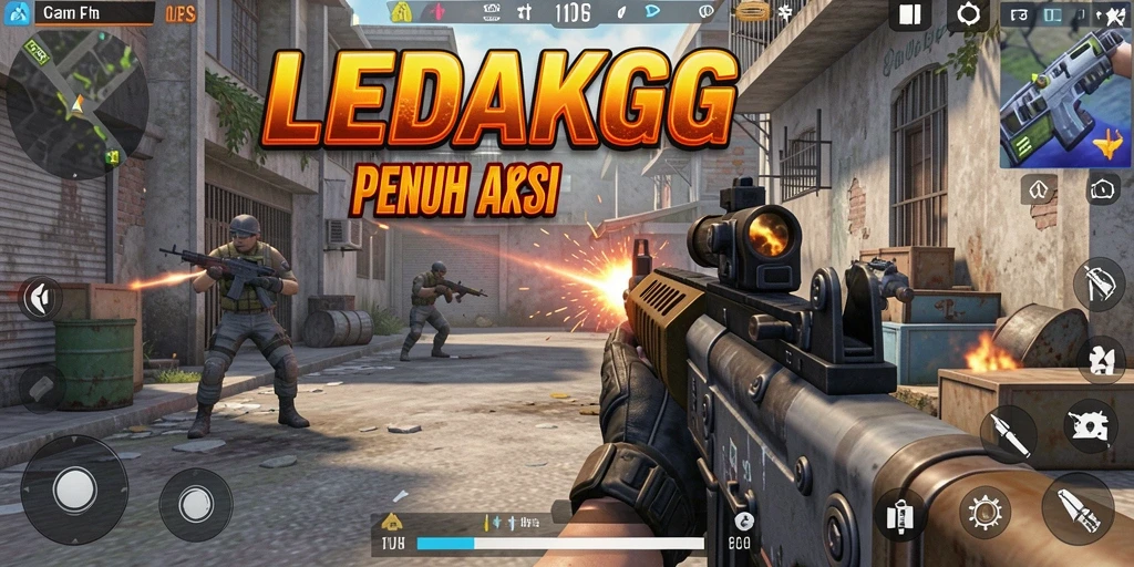 Tampilan gameplay LEDAKGG yang intens dan mendebarkan dalam pertempuran FPS.