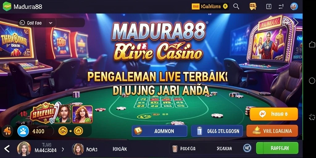 Screenshot utama MADURA88 menampilkan dealer langsung dan pemain menikmati permainan kasino.