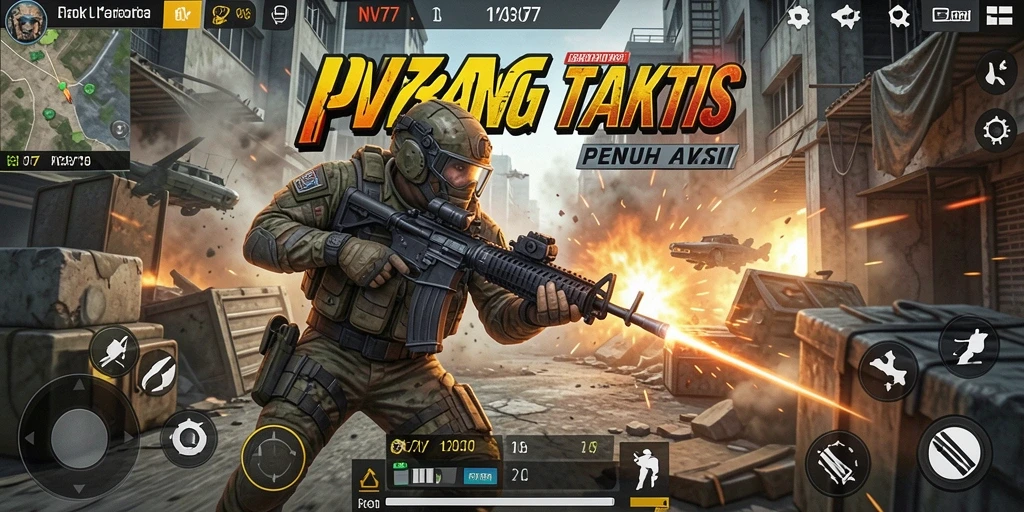 Screenshot gameplay NV77 yang menampilkan pertempuran seru di kota yang hancur.