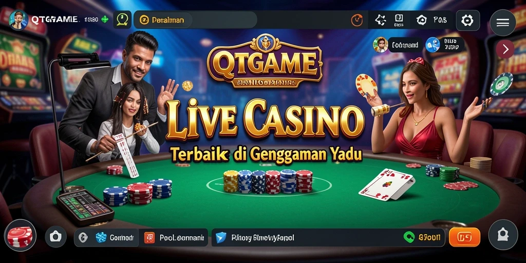 Screenshot QTGAME menunjukkan dealer profesional dalam aksi di meja permainan Live Casino.